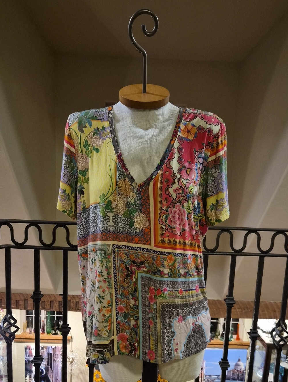 Johnny Was Multicolor Floral Patchwork V-Neck Short Sleeve Top
